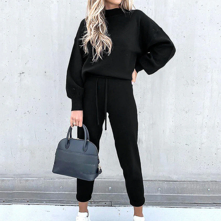 Women's comfortable & cozy 2-piece outfit. Relaxed loungewear set with a soft turtleneck and high-waist pants.