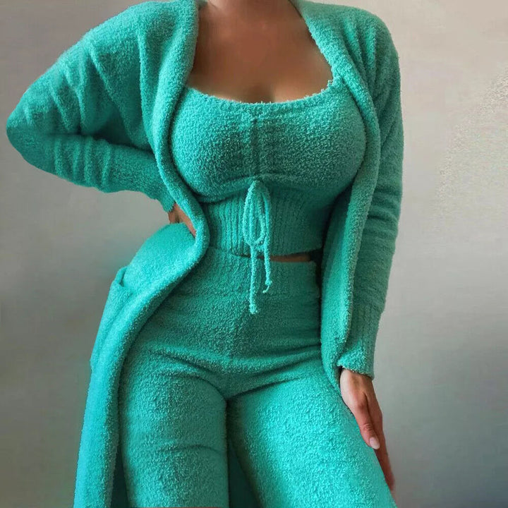 Full view of the women's matching lounge set: a long-sleeve top, comfortable pull-on pants, and open cardigan.