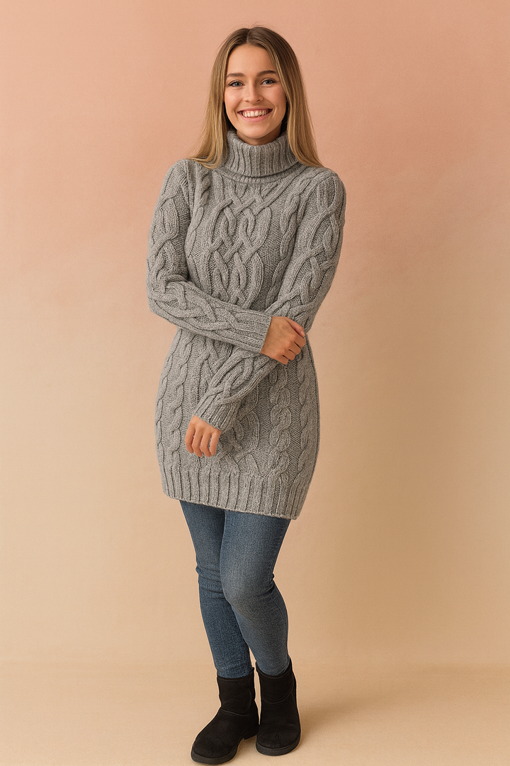 Stylish women's long sleeve cable knit turtleneck sweater dress, essential cozy winter fashion.