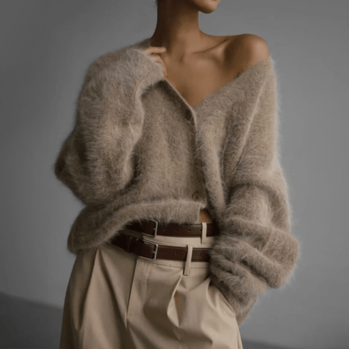 Soft v-neck fluffy knit cardigan for women, ideal as a warm winter layering piece.