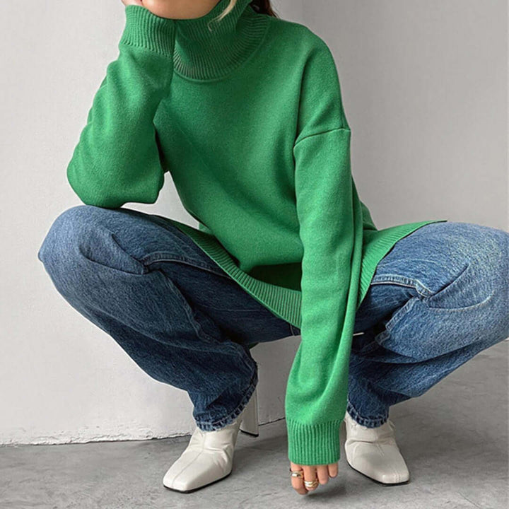 Model wearing a chic women's high-neck sweater, cozy & elegant for winter style.