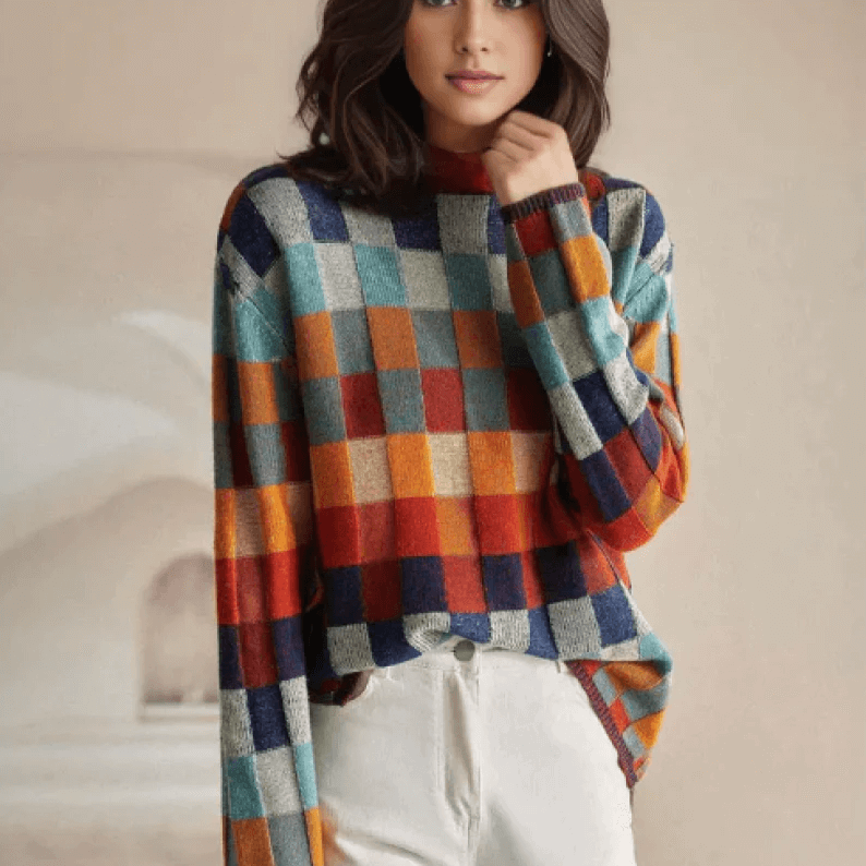 Women's cozy knit high collar jumper. Perfect warm pullover sweater for stylish winter & autumn casual wear.