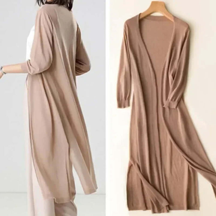 Women's cozy knitted long cardigan, perfect for stylish layering in any season.