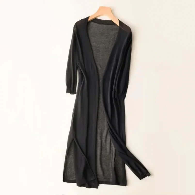 Chic women's seasonal long cardigan, offering a comfortable and elegant wrap style.