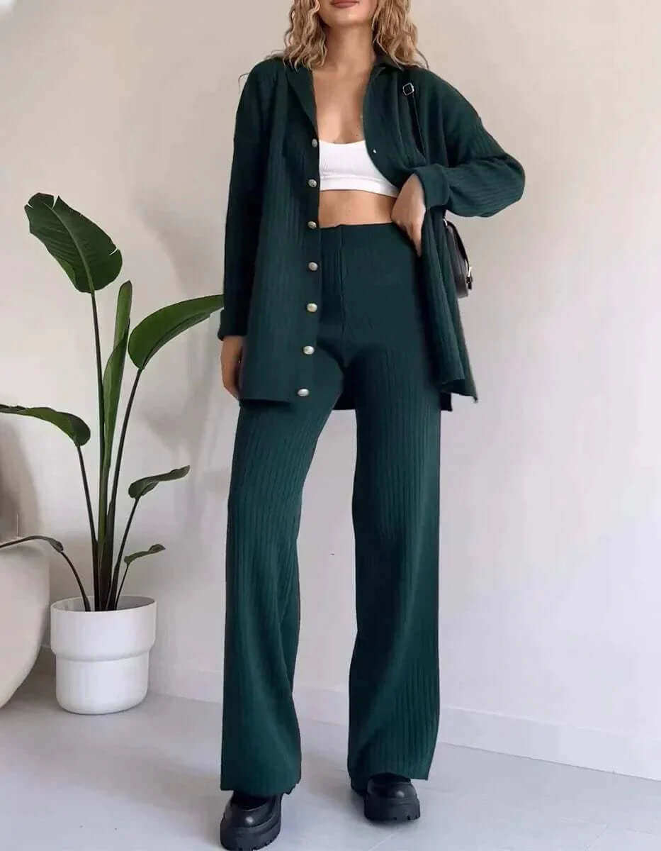 Black women's elegant knitted two-piece set: a cozy cardigan and wide-leg pants. Versatile casual & loungewear.