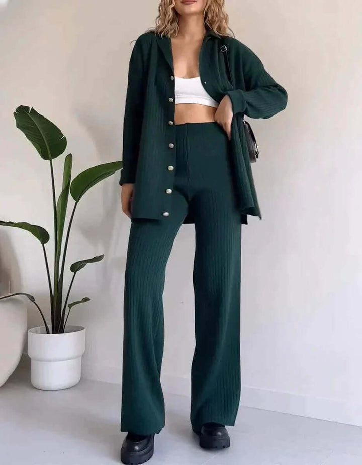 Black women's elegant knitted two-piece set: a cozy cardigan and wide-leg pants. Versatile casual & loungewear.