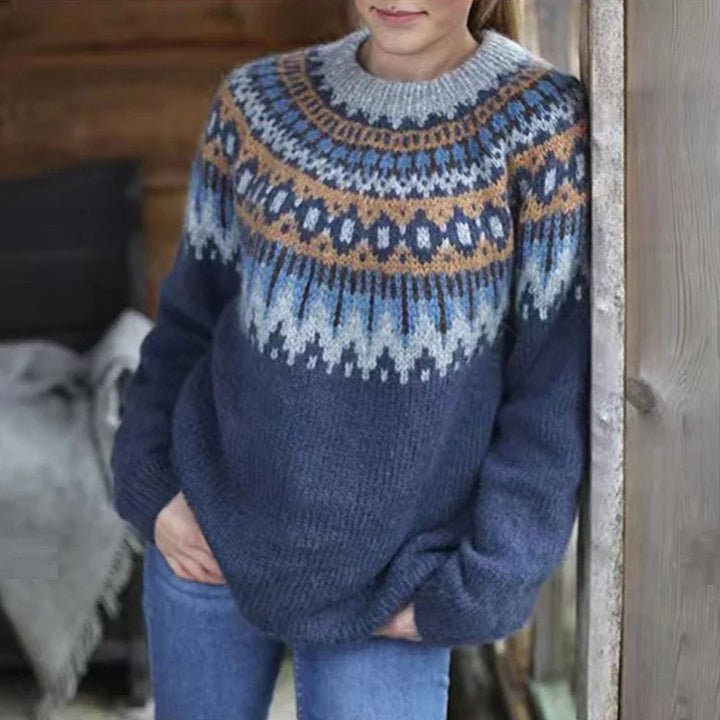 Stylish women's long sleeve knitted jumper featuring a Scandinavian Nordic pattern, made from a warm wool blend.