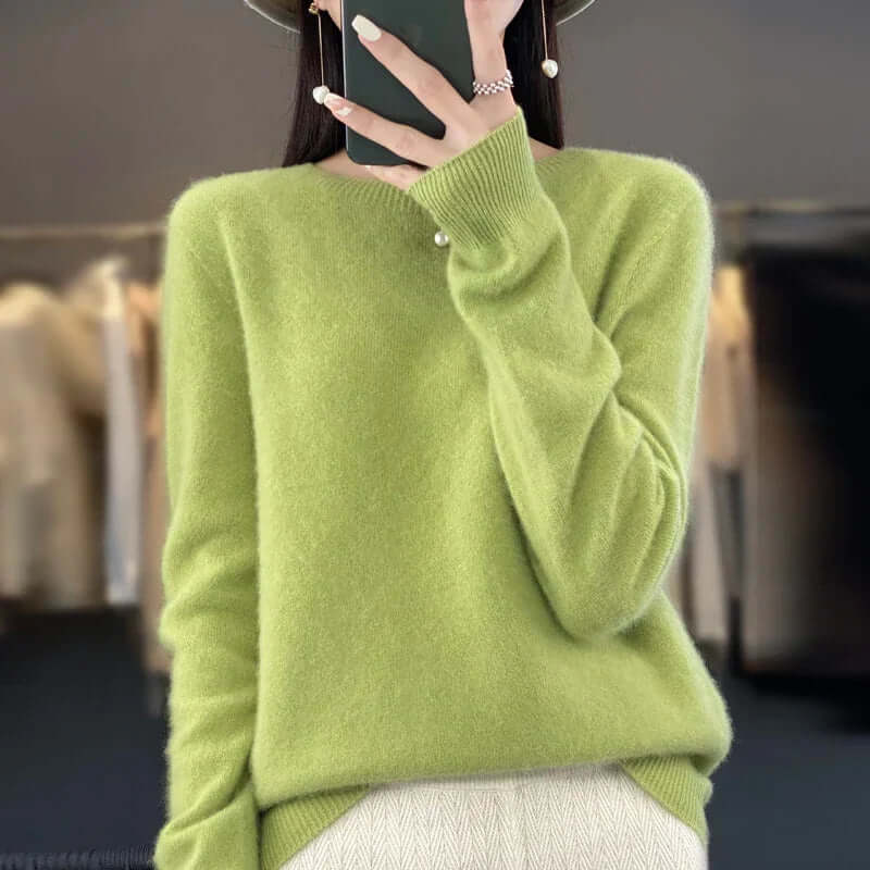 Soft long-sleeve Merino wool jumper for ladies, a natural fiber staple for cool days.