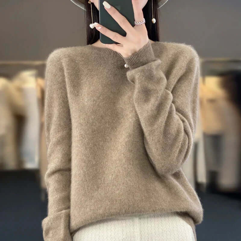 Warm women's Merino wool pullover, a versatile natural fiber top for everyday wear.