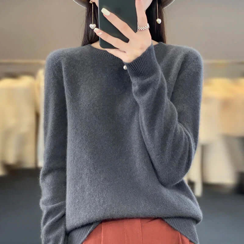 Comfortable women's Merino wool knitwear, an elegant everyday pullover for cold weather.