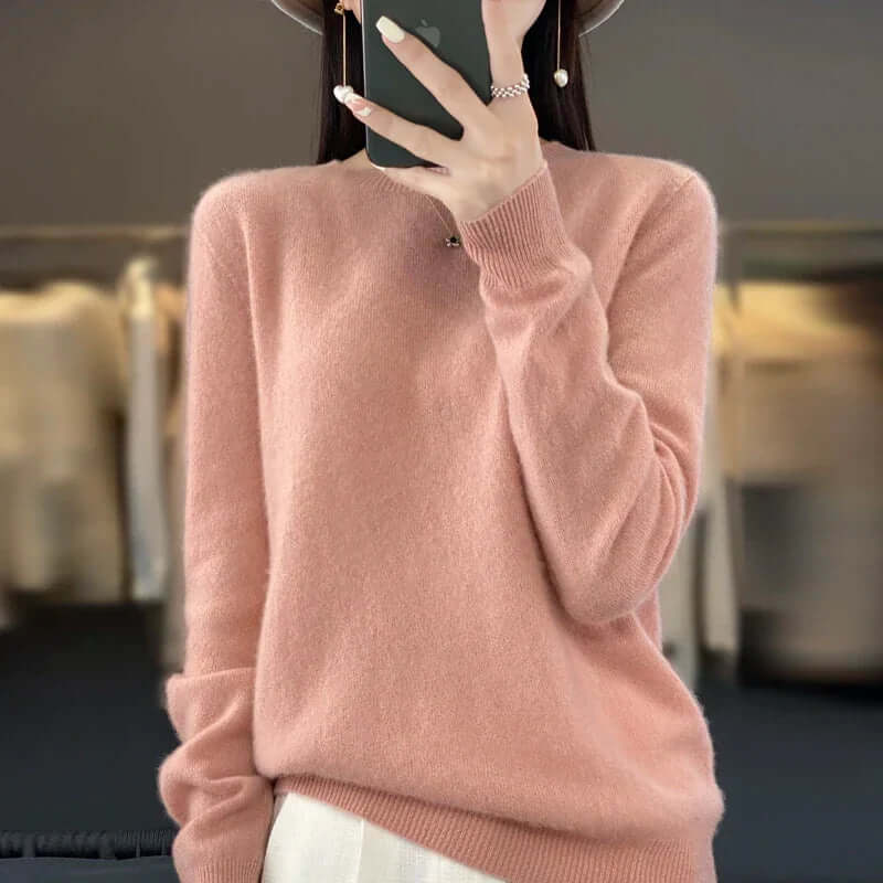 Women's O-neck Merino wool sweater, warm natural fiber knitwear for versatile styling.