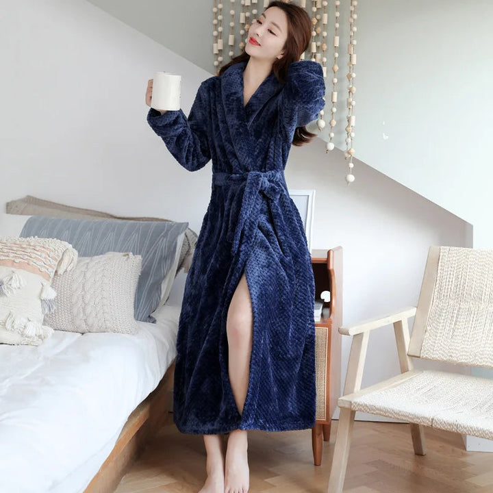 Warm women's plush winter bathrobe, providing cozy comfort for cold evenings.
