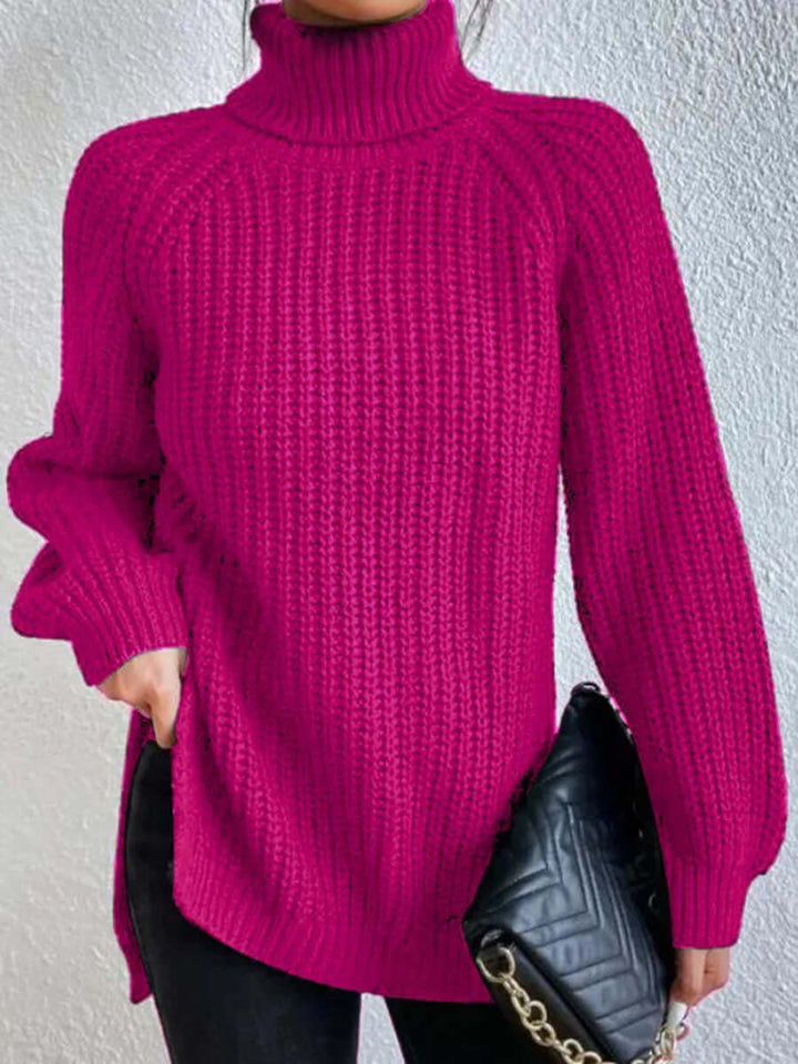 Model wearing a stylish women's ribbed knit turtleneck sweater with long sleeves, perfect for casual winter fashion.