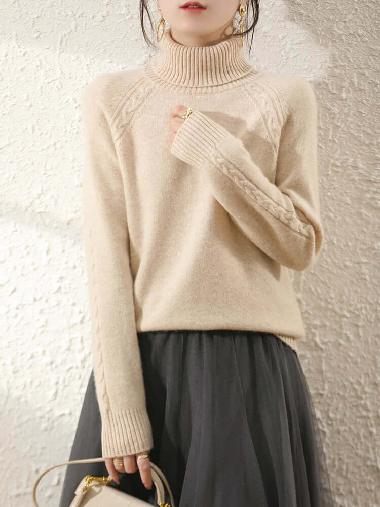 Fashionable women's roll neck knitted sweater. A warm, elegant, and essential winter top.