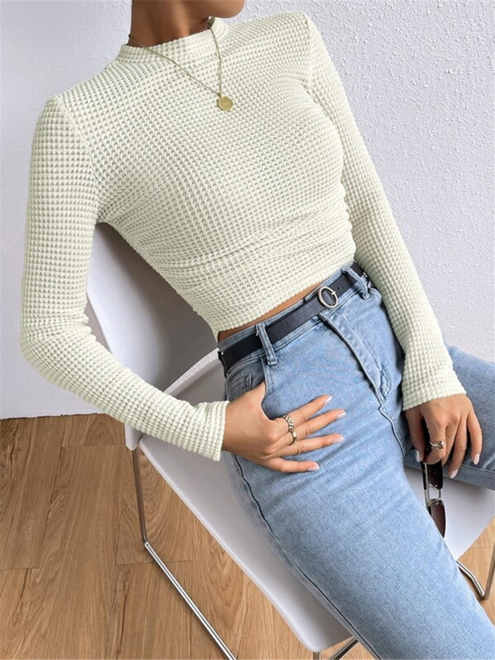 Stylish women's waffle knit long sleeve top. Cozy & fashionable for fall everyday wear.