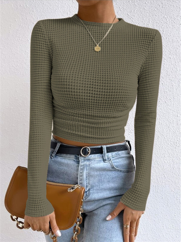 Women's cozy waffle knit long sleeve top for casual fall fashion & winter warmth.