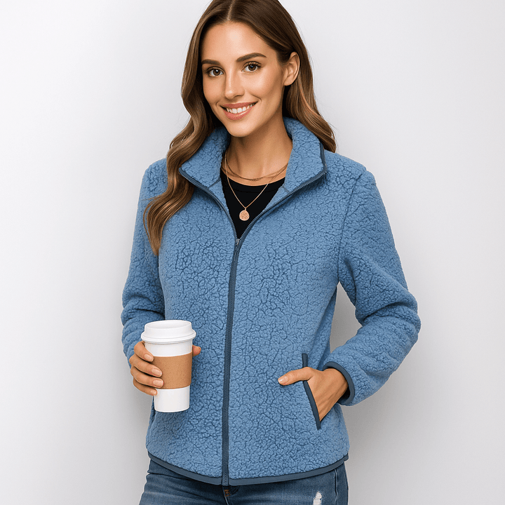 Active woman enjoying outdoors in a cozy warm winter jacket. Stylish & versatile outerwear for fall activities.