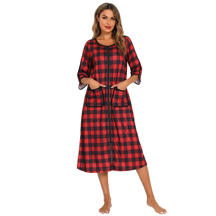 New women's cozy nightwear, hooded and zip-up, mid-length with pockets for warmth.