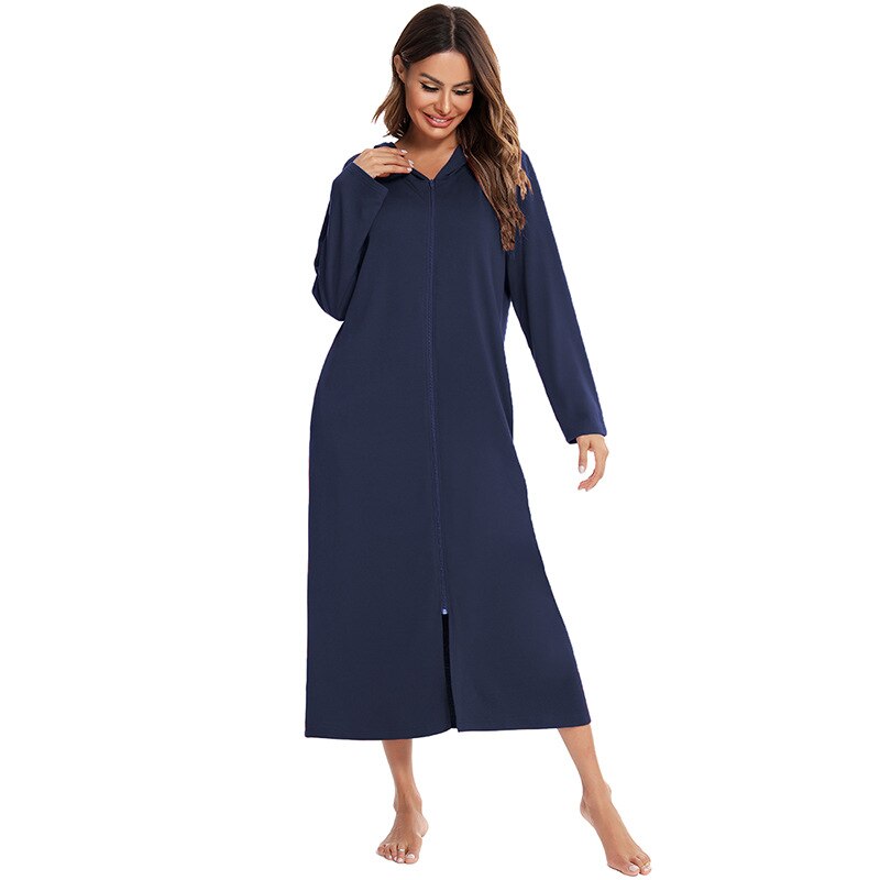 Cozy women's hooded loungewear, full zip & pockets, comfortable mid-length nightgown.