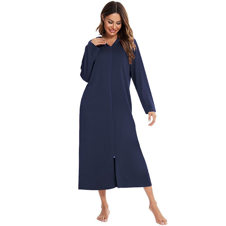 Cozy women's hooded loungewear, full zip & pockets, comfortable mid-length nightgown.