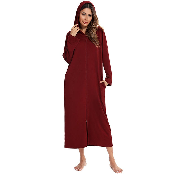 Women's ultimate comfort hooded nightdress, zip-up, mid-length, warm sleepwear.