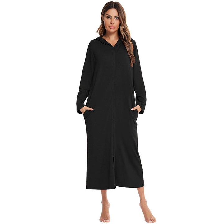 Relaxing women's zip-up hooded nightdress, cozy mid-length design for ultimate comfort.