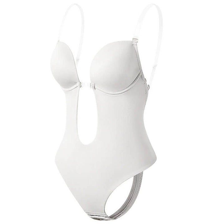 Smooth seamless deep V backless body shaper for women, enhancing curves with elegant firm control. Versatile shapewear.
