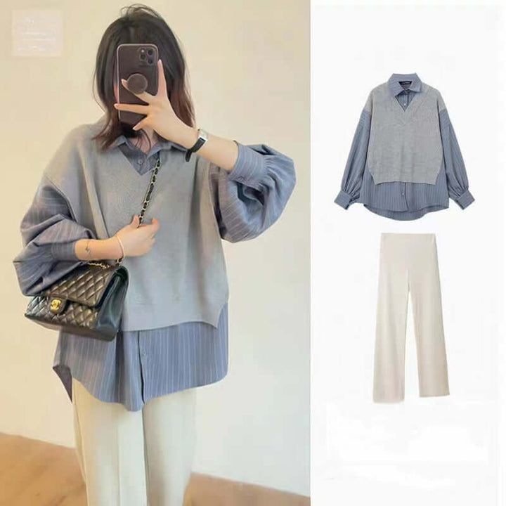 Comfortable women's two-piece outfit featuring a loose midi top and flowy wide-leg pants in a soft cotton blend.