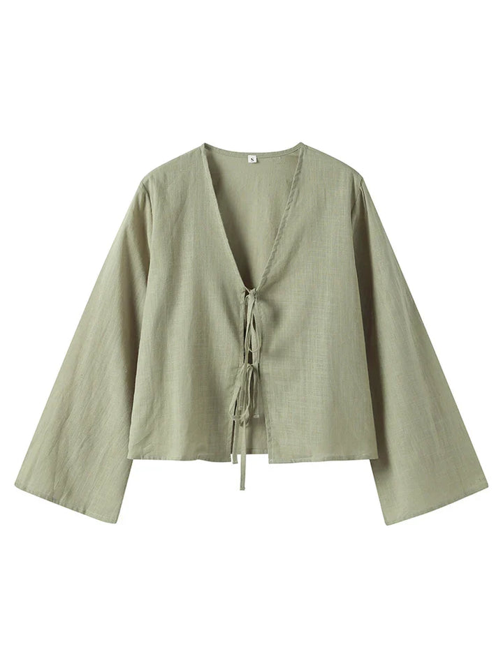 Olive green effortless front-tie crop top for women, a breezy summer fashion blouse.