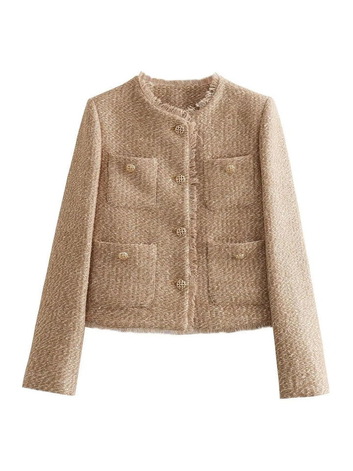 Versatile women's timeless chic tweed jacket, Anna, with stylish gold buttons for sophisticated ladies apparel.
