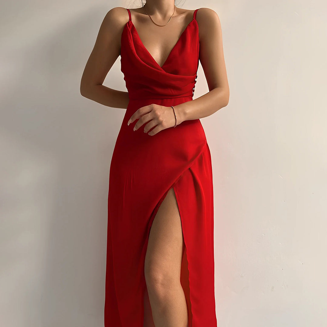 Stunning women's formal gown, elegant sleeveless maxi dress with a flattering thigh split for special occasions.