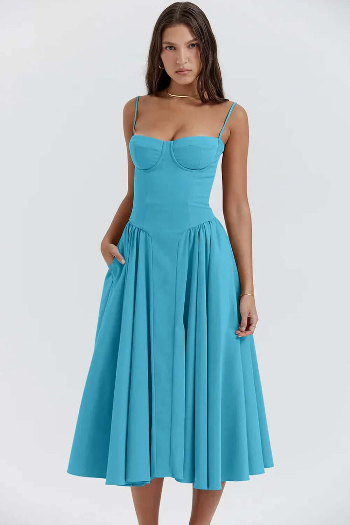 Elegant women's special occasion midi dress, sleeveless corset style, figure-flattering.