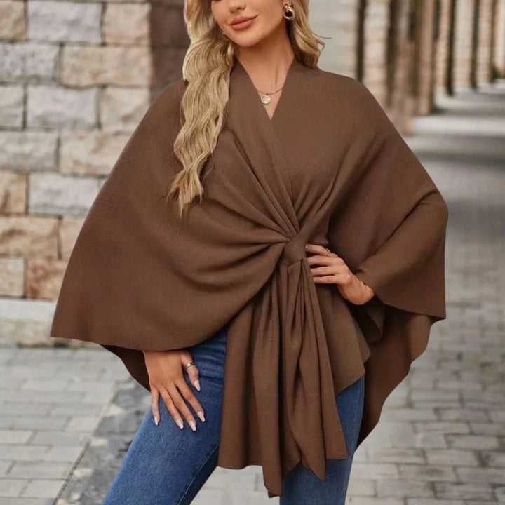 Fall winter cozy women's poncho, elegant draped layer, comfortable versatile fashion.