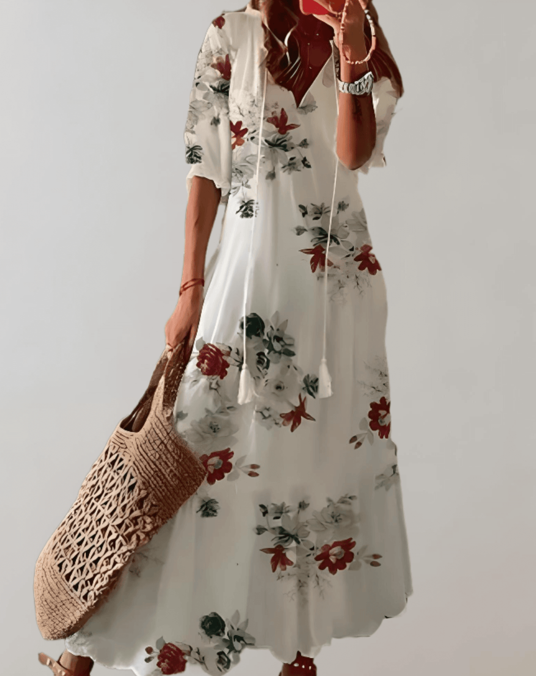Women's elegant floral bohemian maxi dress, perfect for summer vacations and spring fashion.