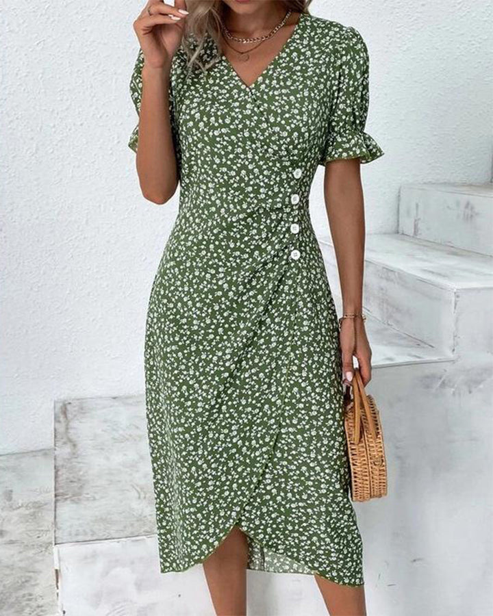 Women's elegant floral v-neck midi dress, perfect for spring and summer casual or day wear.
