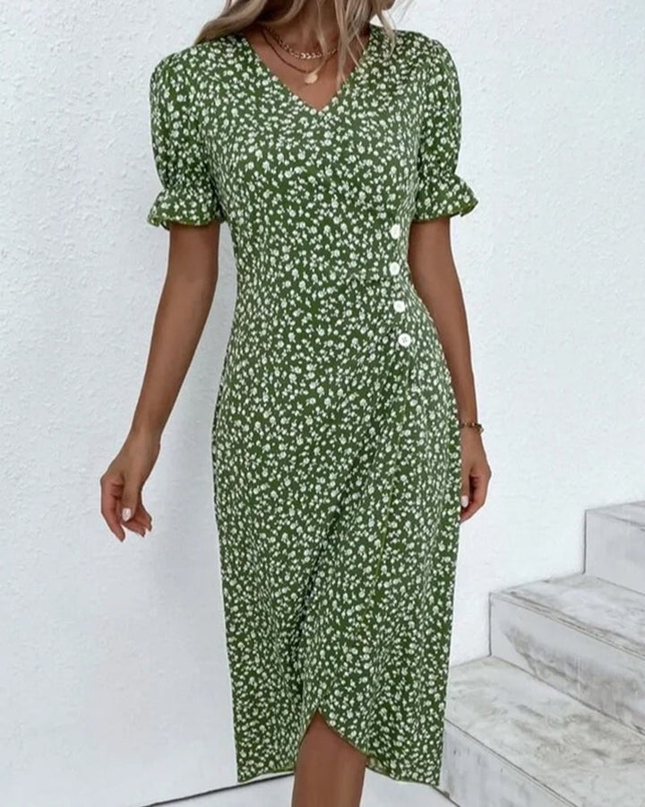 Vibrant floral print on women's versatile v-neck midi dress. Perfect for elegant spring and summer styles.