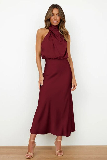 Stylish women's halter neck midi dress, a versatile elegant formal gown for parties & events.