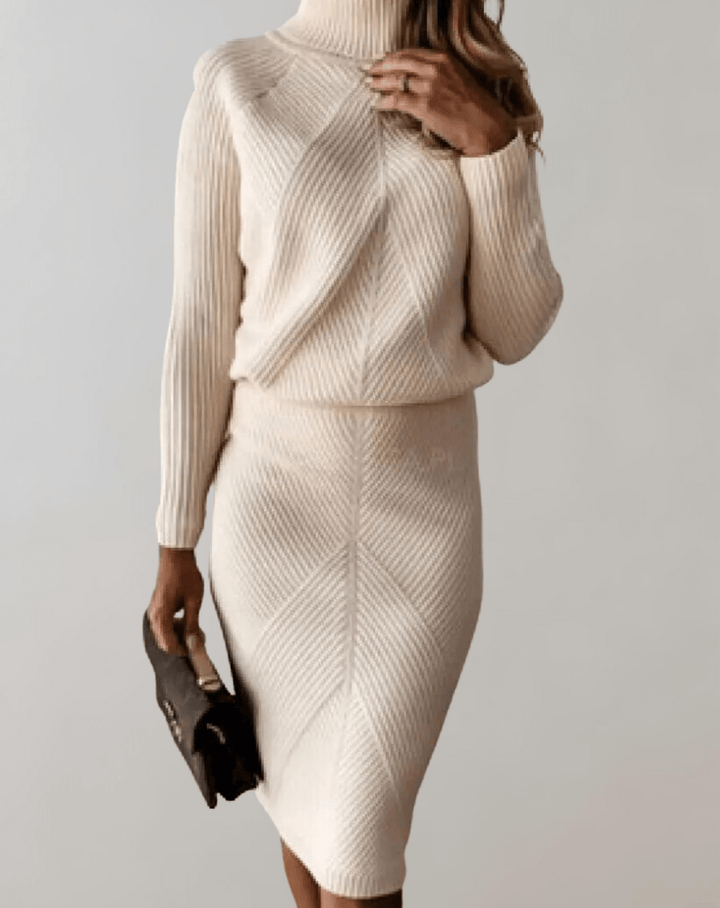 Stylish women's two-piece knit set with a cozy turtleneck sweater and elegant midi skirt.