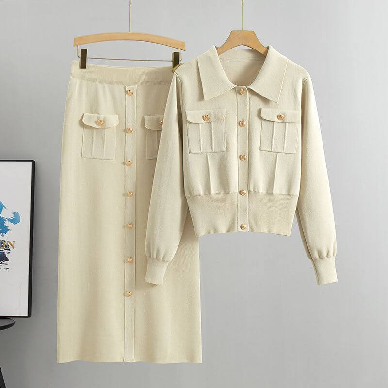 Stylish women's knit two-piece outfit. Includes a comfortable top and a fashionable hip wrap skirt for all seasons.