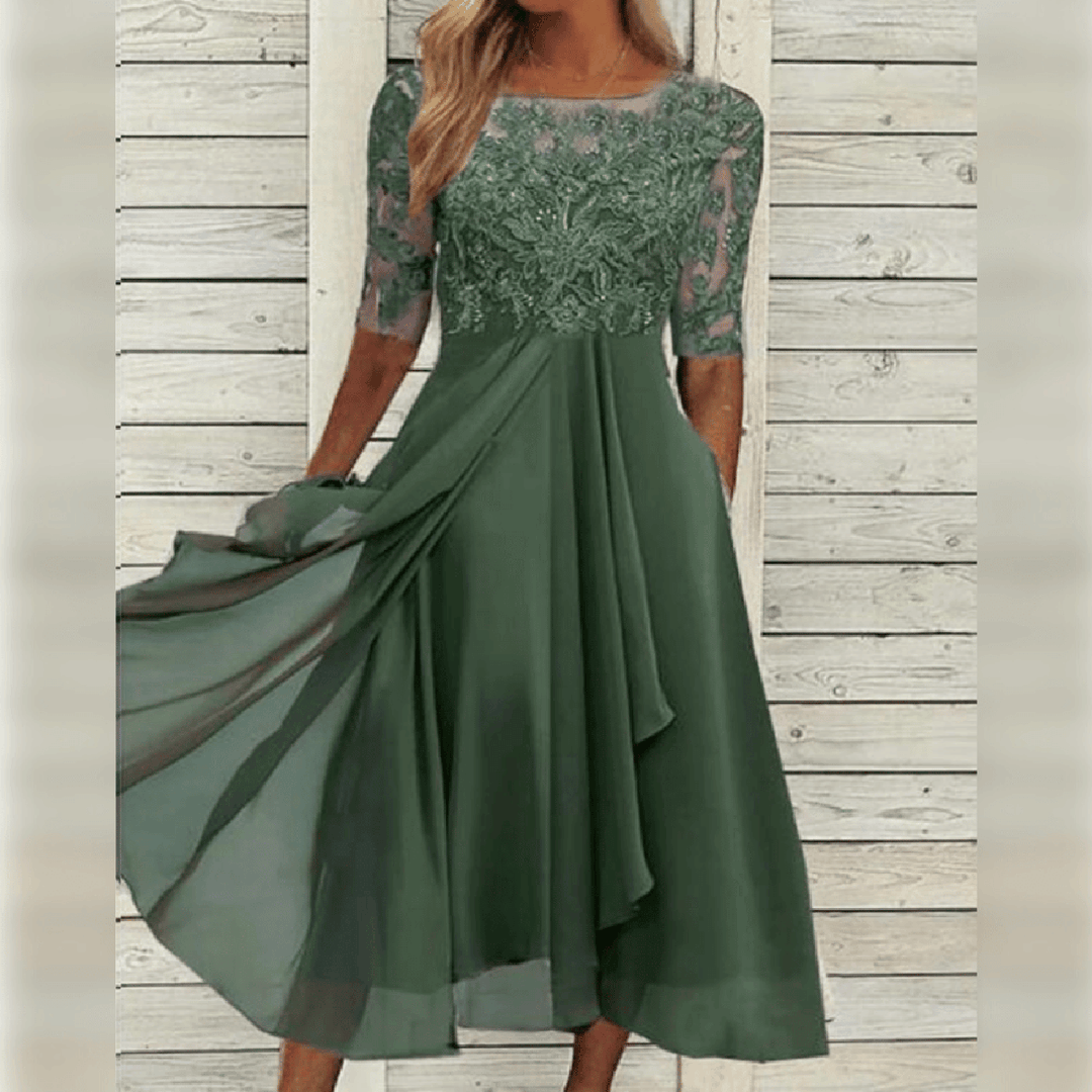 Graceful women's evening gown; lace bodice and flowy midi skirt, ideal for special events.