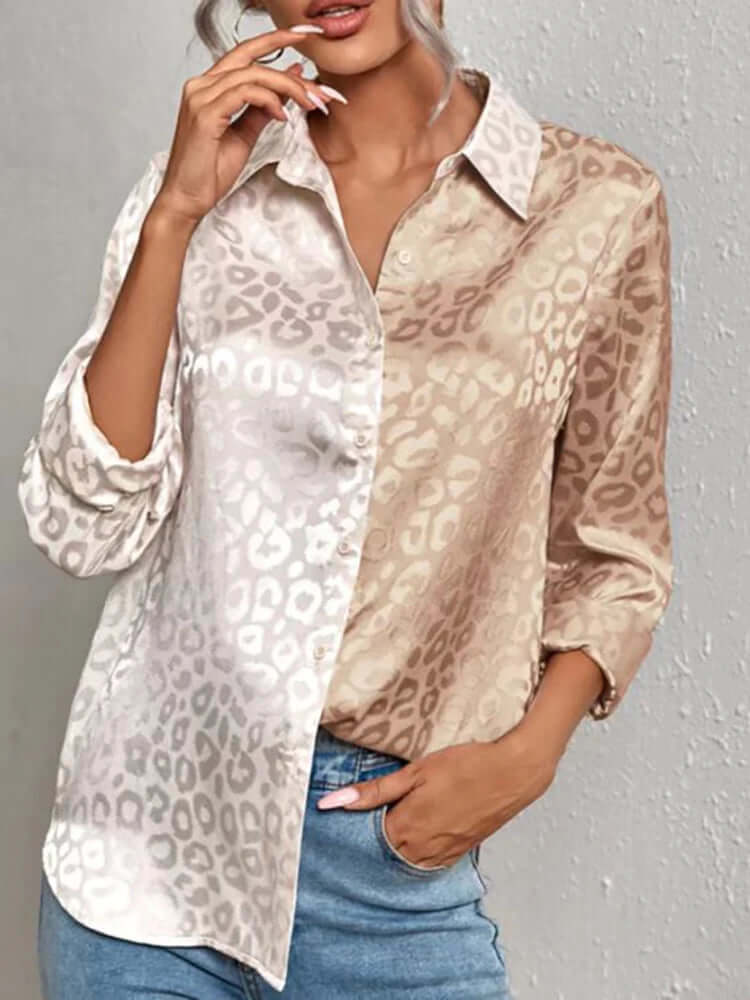 Chic women's long sleeve blouse with sophisticated leopard jacquard print.