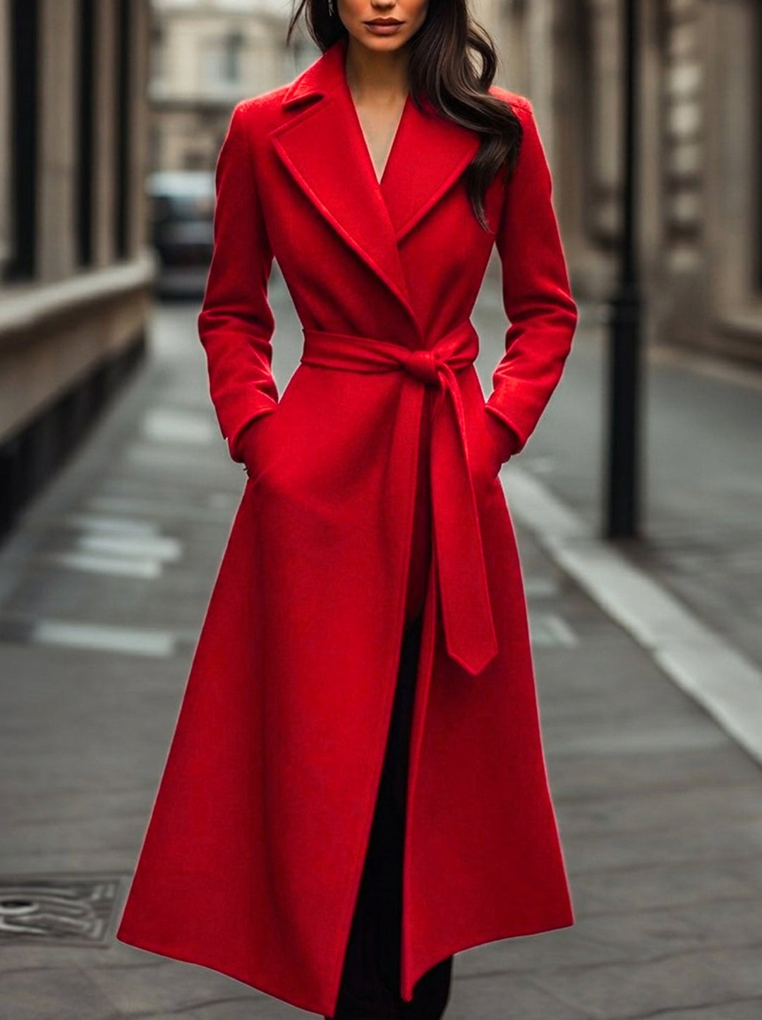 Women's elegant long red trench coat with belt, perfect classic outerwear for fall and winter fashion.