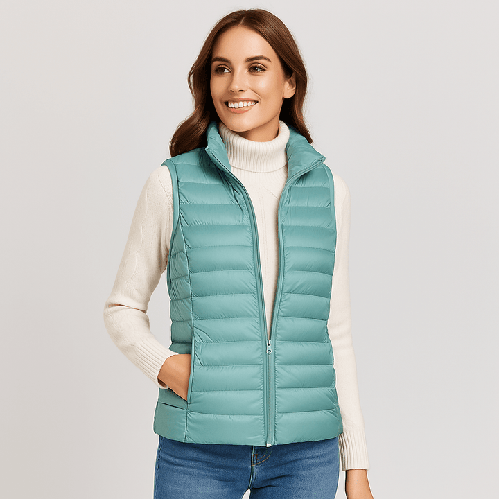 Warm & comfortable women's fall winter bodywarmer jacket, elegant lightweight outerwear for travel.