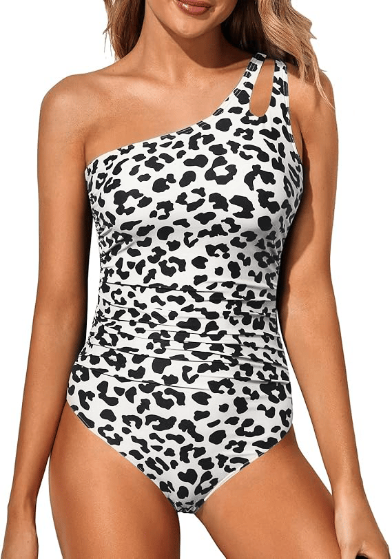 Flattering women's one-shoulder one-piece swimsuit, designed with comfortable tummy control.
