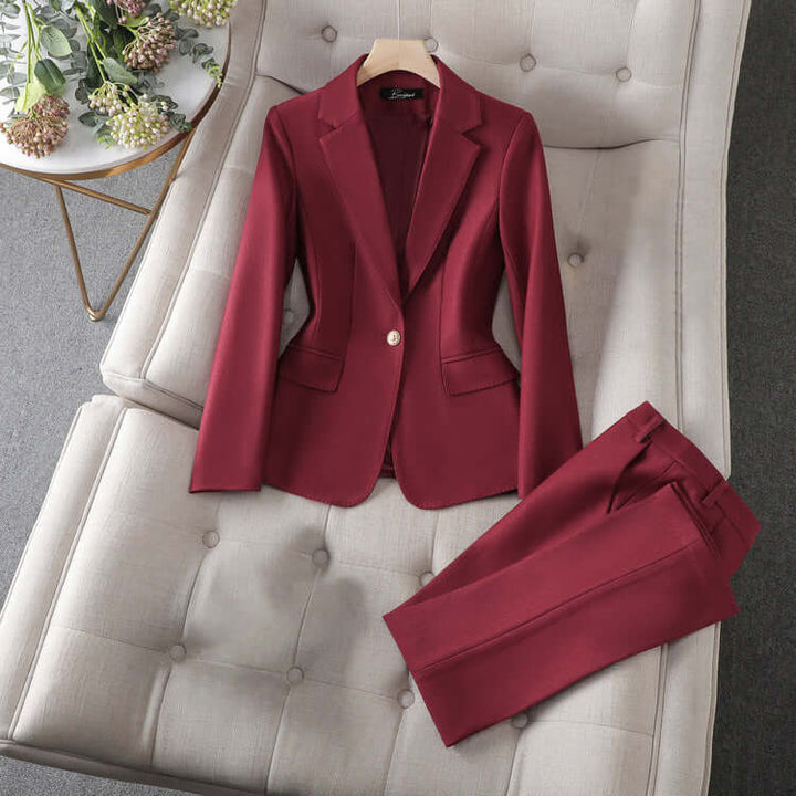 Tailored women's blazer and pants set for a sharp, professional look. Versatile for office or formal events.