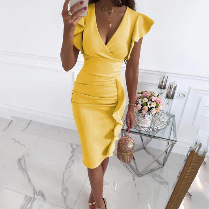 Sophisticated women's V-neck midi dress, showcasing beautiful pleated sleeves and an elegant design.