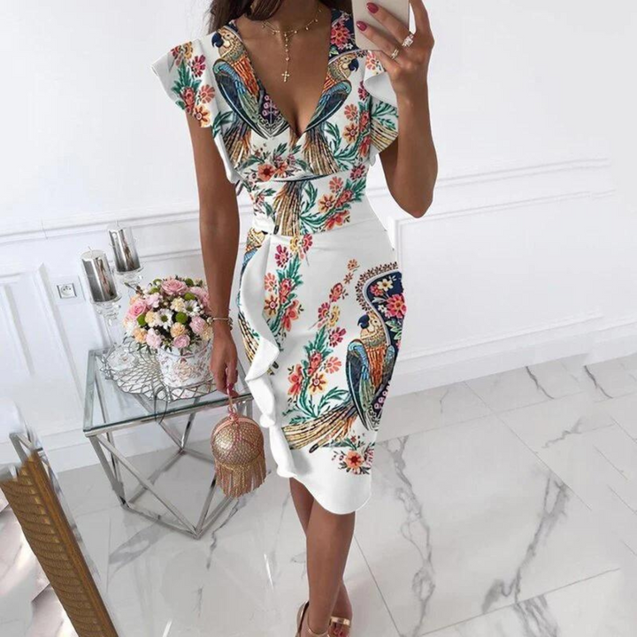 Stylish V-neck dress for women, showcasing delicate pleated sleeves and a versatile design.