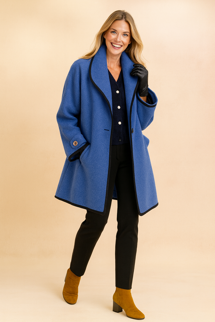 Women's elegant winter jacket with contrasting trim, perfect for stylish outerwear & fashion minimalism.