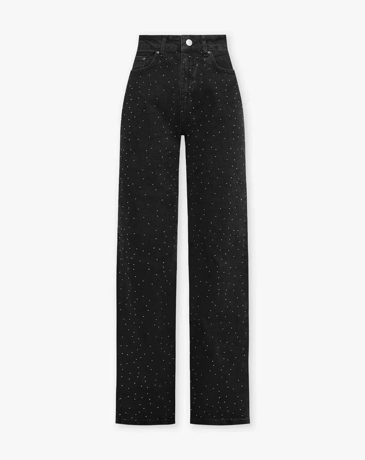 Durable denim women's straight leg jeans featuring elegant embellishments for a modern look.