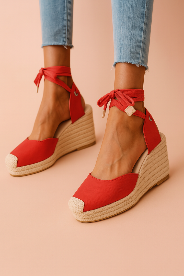 Stylish women's wedge sandals with elegant ankle ties, offering comfortable fashion footwear for summer and warm weather.